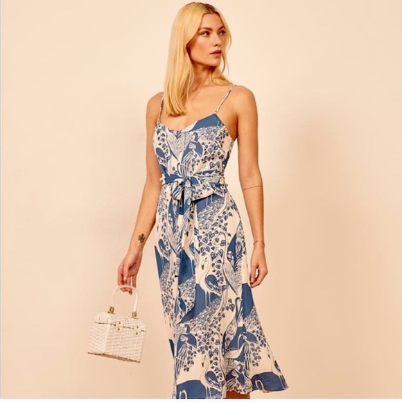 Reformation Dresses & Skirts - Reformation Watson Tie Waist Midi Dress in Avian Blue Bird Print Size 0 EUC